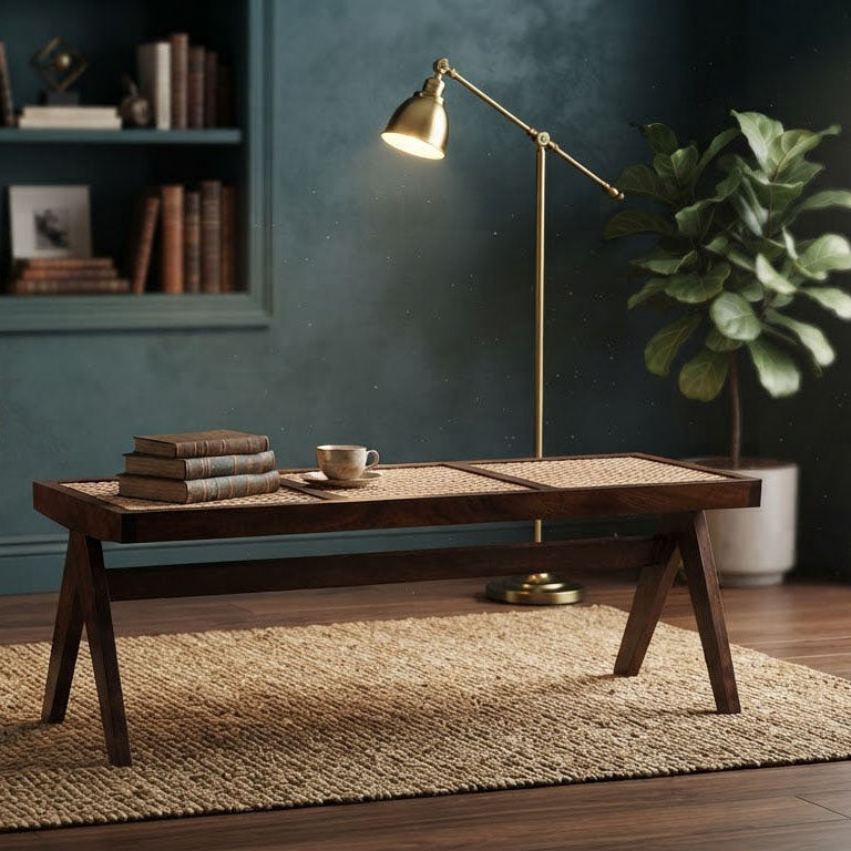 Solana Acacia Wood Weaved Cane Bench - Washed Walnut