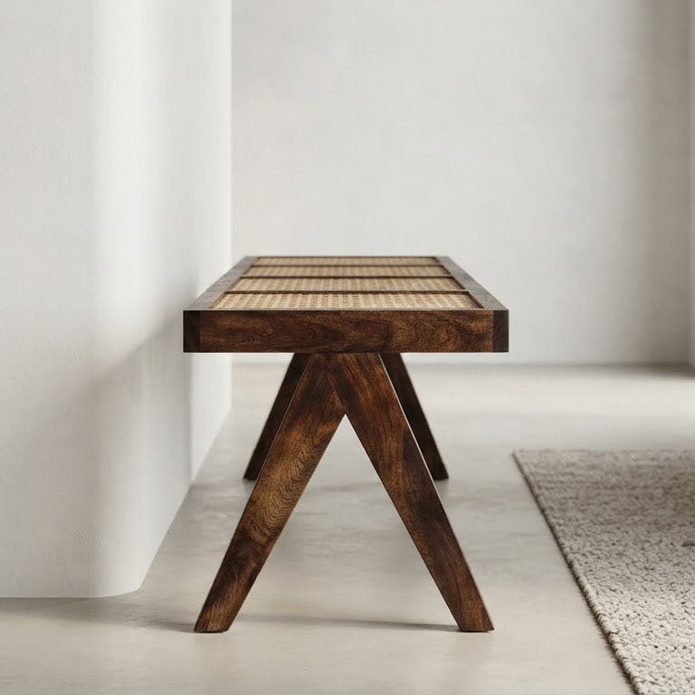 Solana Acacia Wood Weaved Cane Bench - Washed Walnut