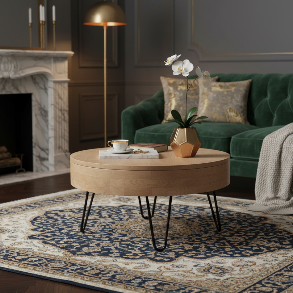 Sonja Mango Wood Storage Round Coffee Table With Hair Pin Legs