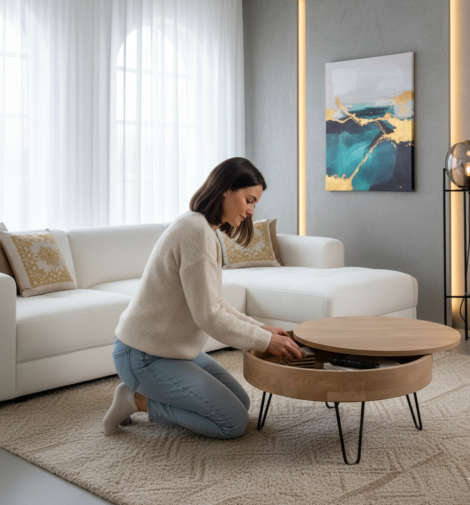 Sonja Mango Wood Storage Round Coffee Table With Hair Pin Legs