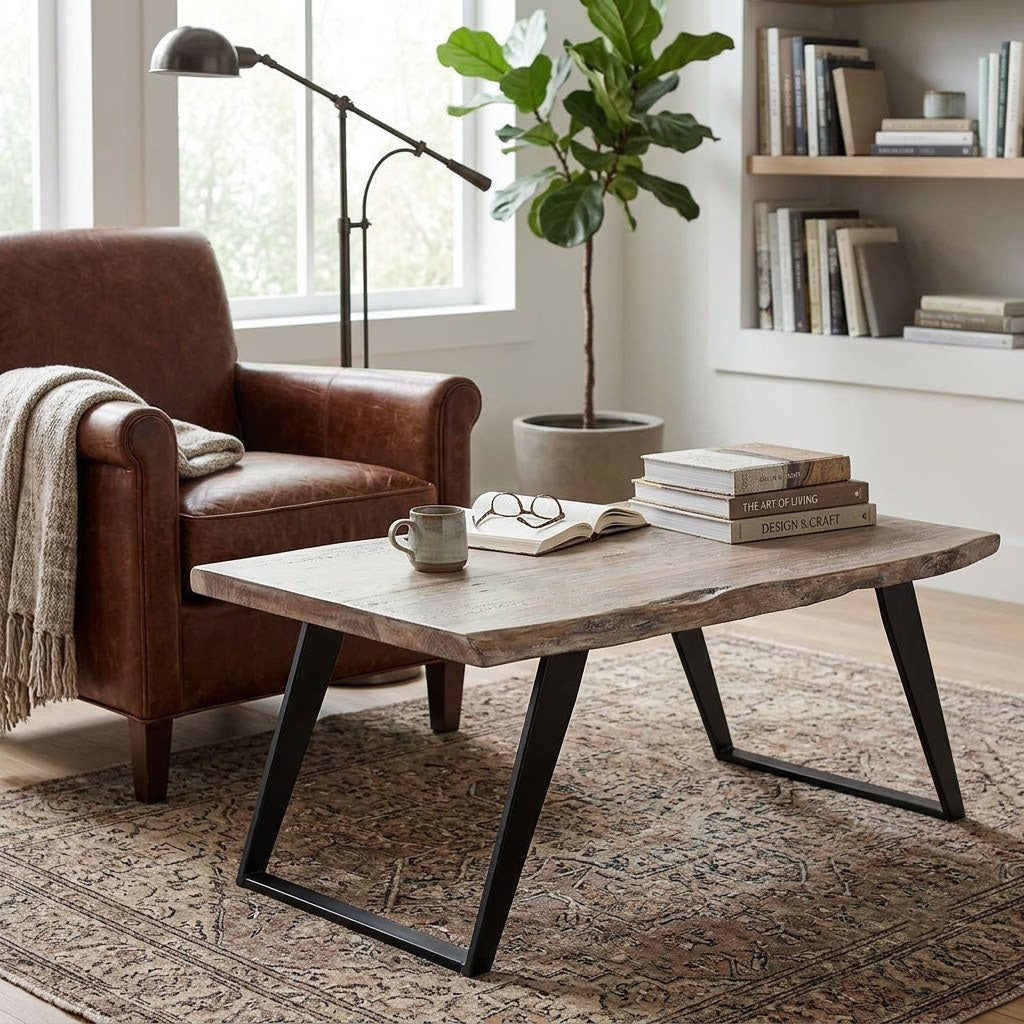 Yuki Live Edge Acacia Wood Black Iron Coffee Table - Slate Grey