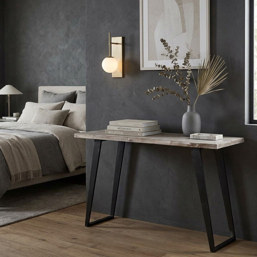 Yuki Live Edge Acacia Wood Black Iron Console Table - Slate Grey