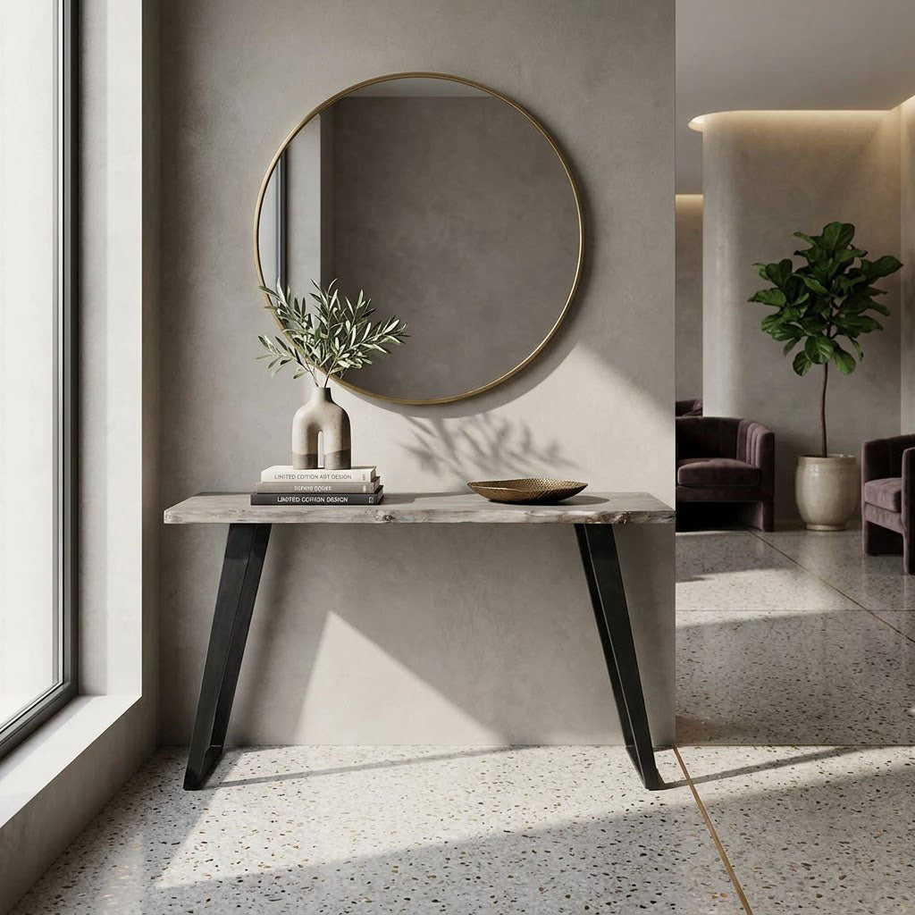 Yuki Live Edge Acacia Wood Black Iron Console Table - Slate Grey