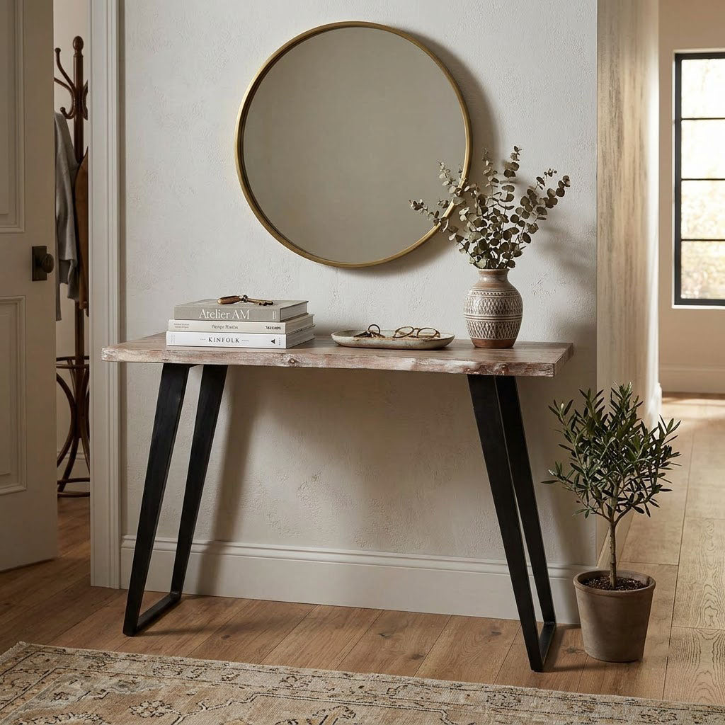 Yuki Live Edge Acacia Wood Black Iron Console Table - Slate Grey