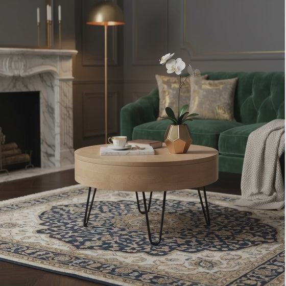Sonja Mango Wood Storage Round Coffee Table With Hair Pin Legs
