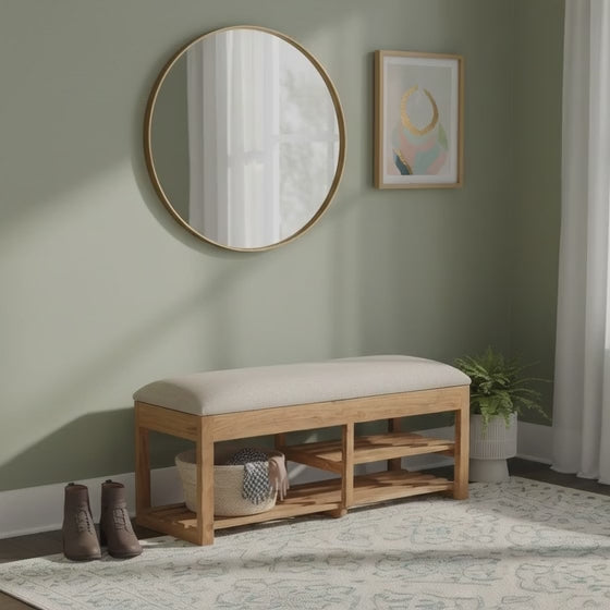 Amania Acacia Upholstered Bench With Shelf